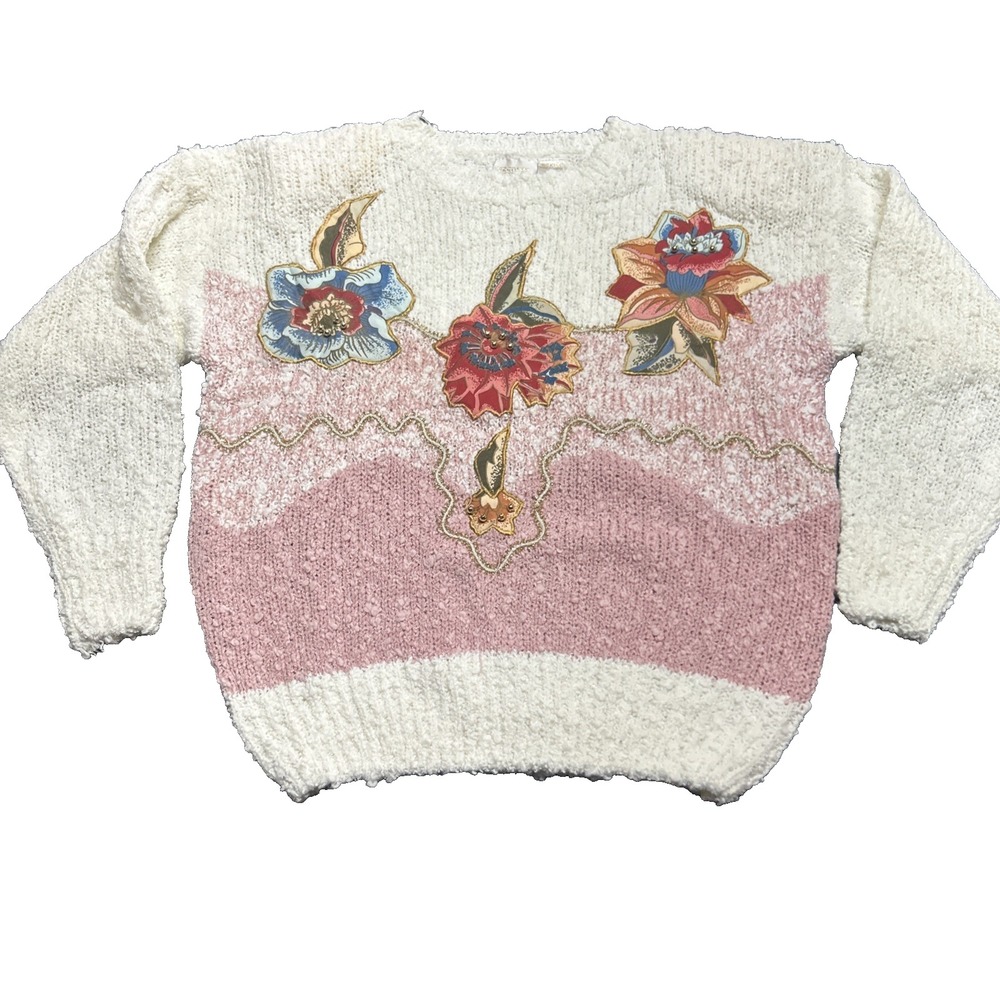 Vintage Needles & Yarn Knit Sweater Beaded Patches Large Grandmacore Cottagecore